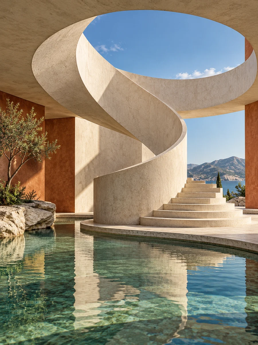 Sculptural architecture above an emerald reflecting pool