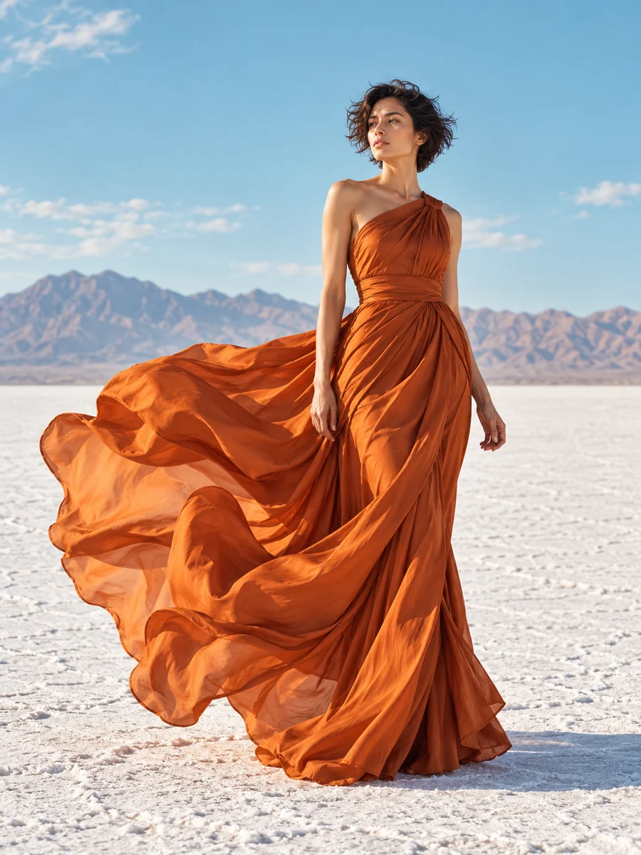 Orange silk fashion editorial on a white salt flat