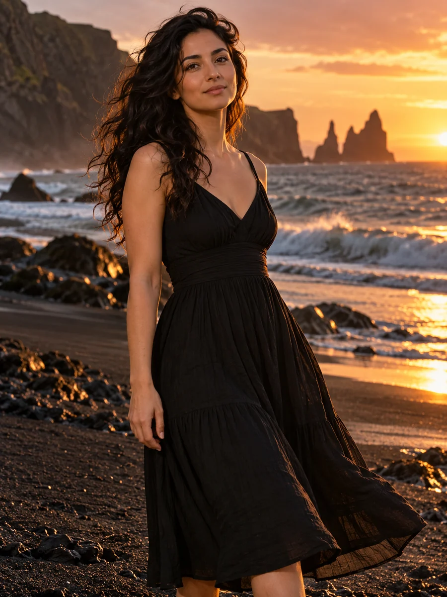 Fashion editorial on a black-sand beach at sunset