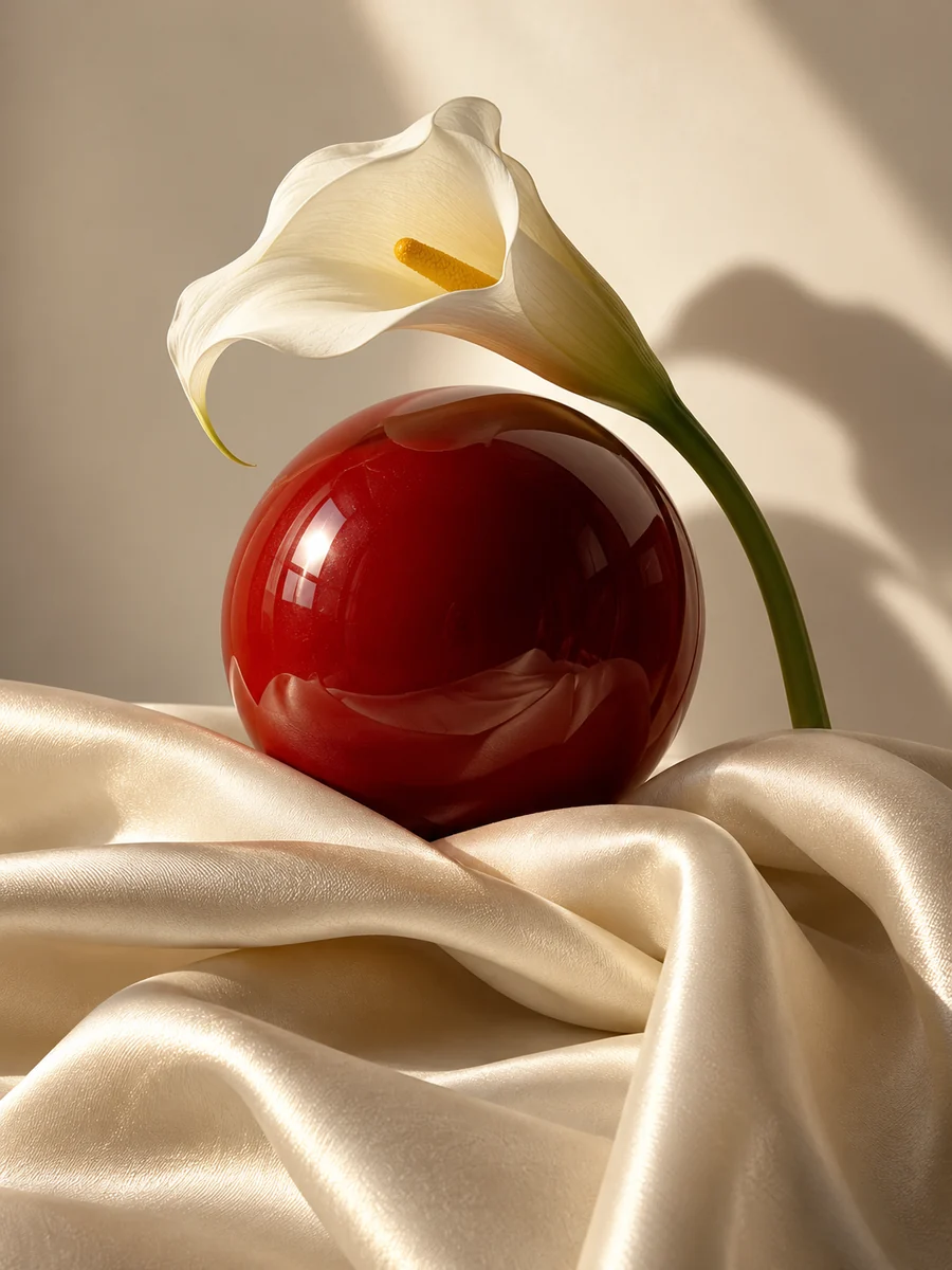 Sculptural red ceramic and a white calla lily