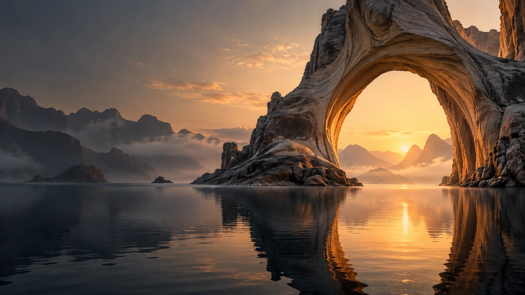 Sculptural sandstone arches reflected in a still lake at sunrise